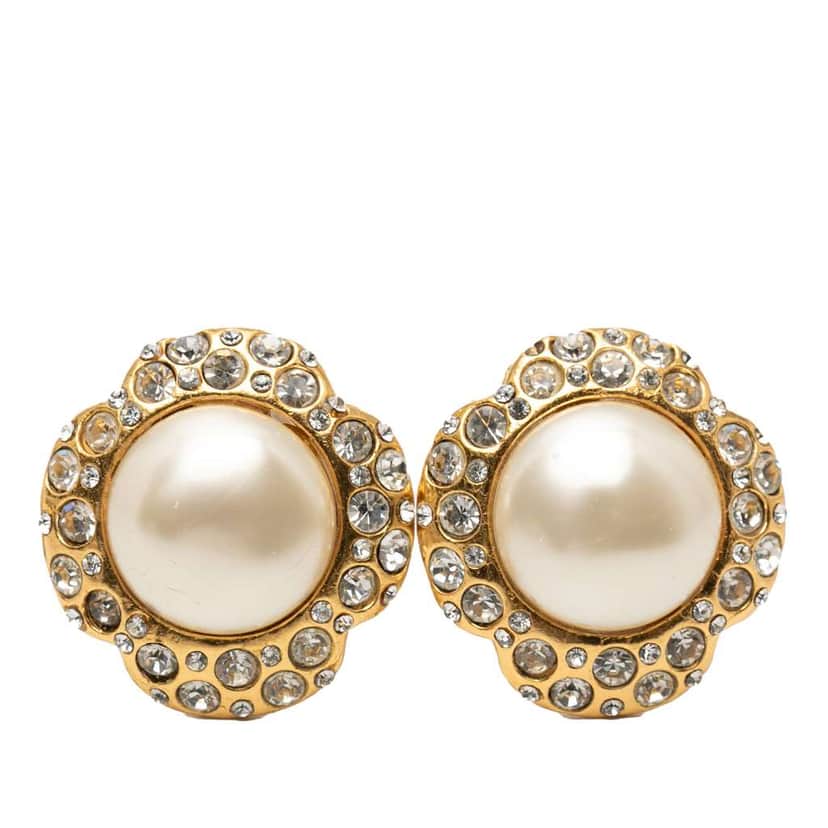 Chanel Gold Plated Faux Pearl and Crystals Clip On Earrings Gold Good condition - Front View