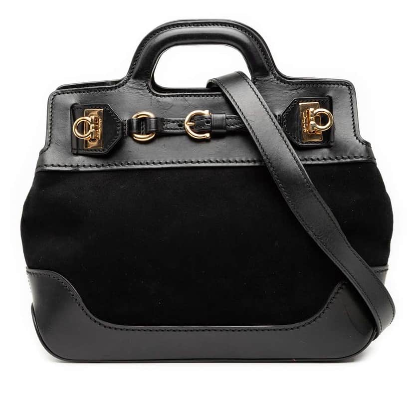 Salvatore Ferragamo Suede and Calfskin Wanda Top Handle Bag Black Leather Good condition - Front View