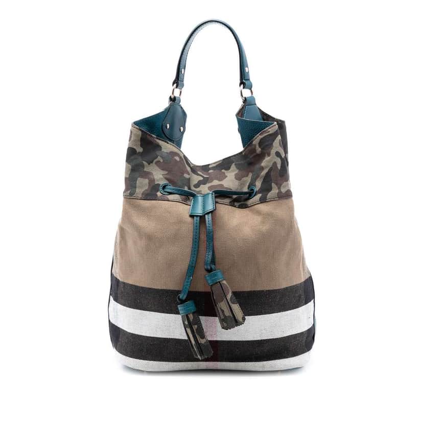 Burberry Mega Check Canvas Camouflage Susanna Tassel Bucket Bag Brown Canvas Very good condition - Front View