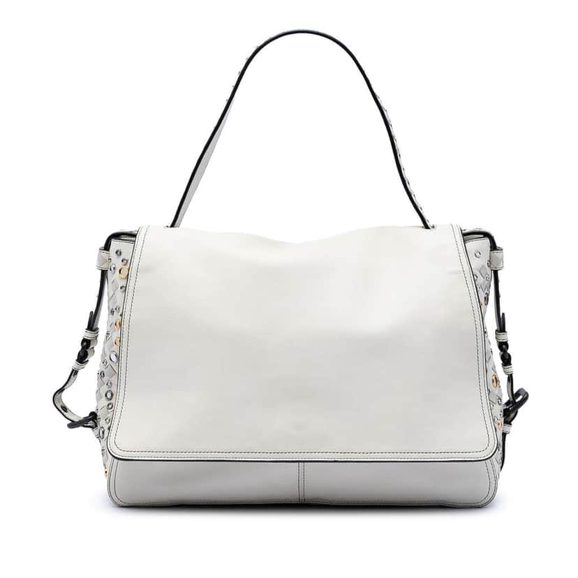 Bottega Veneta Intrecciato Trimmed Lambskin Grommet Top Handle Bag White Leather Very good condition - Front View