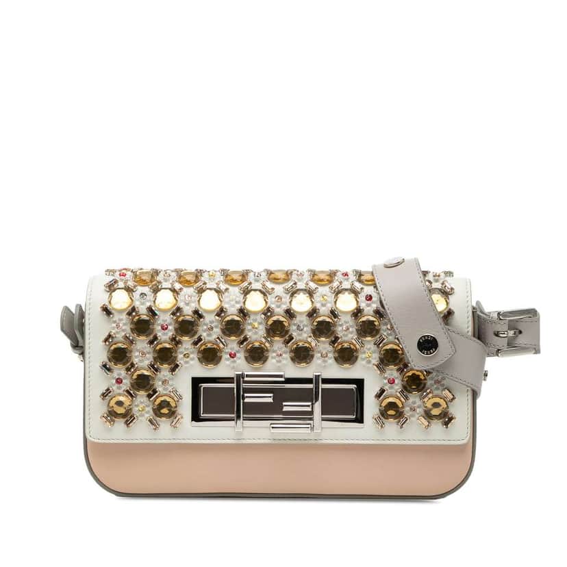 Fendi Crystal and Resin Embellished Leather 3Baguette Shoulder Bag White Leather Very good condition - Front View