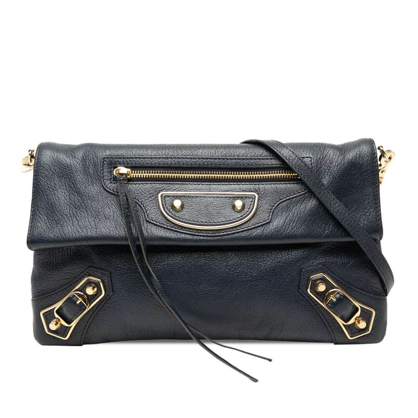 Balenciaga Chevre Motocross Classic Metallic Edge Envelope Clutch with Strap Blue Leather Very good condition - Front View