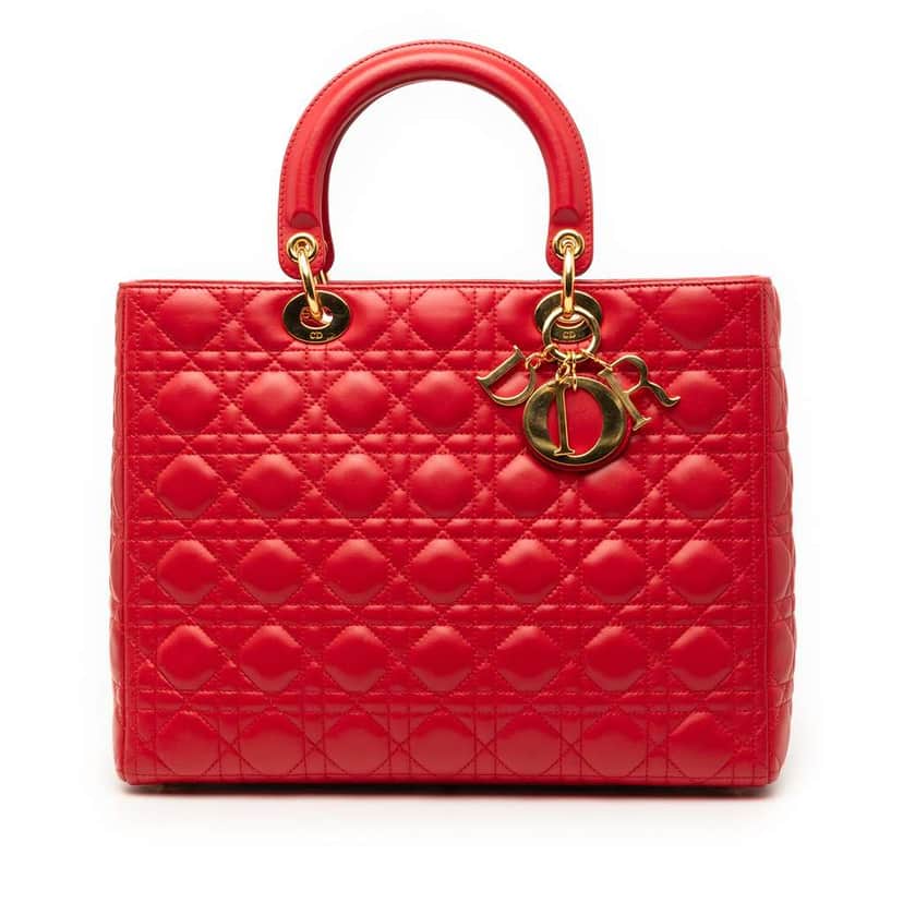 Dior Large Lambskin Cannage Lady Dior Red Leather Very good condition - Front View