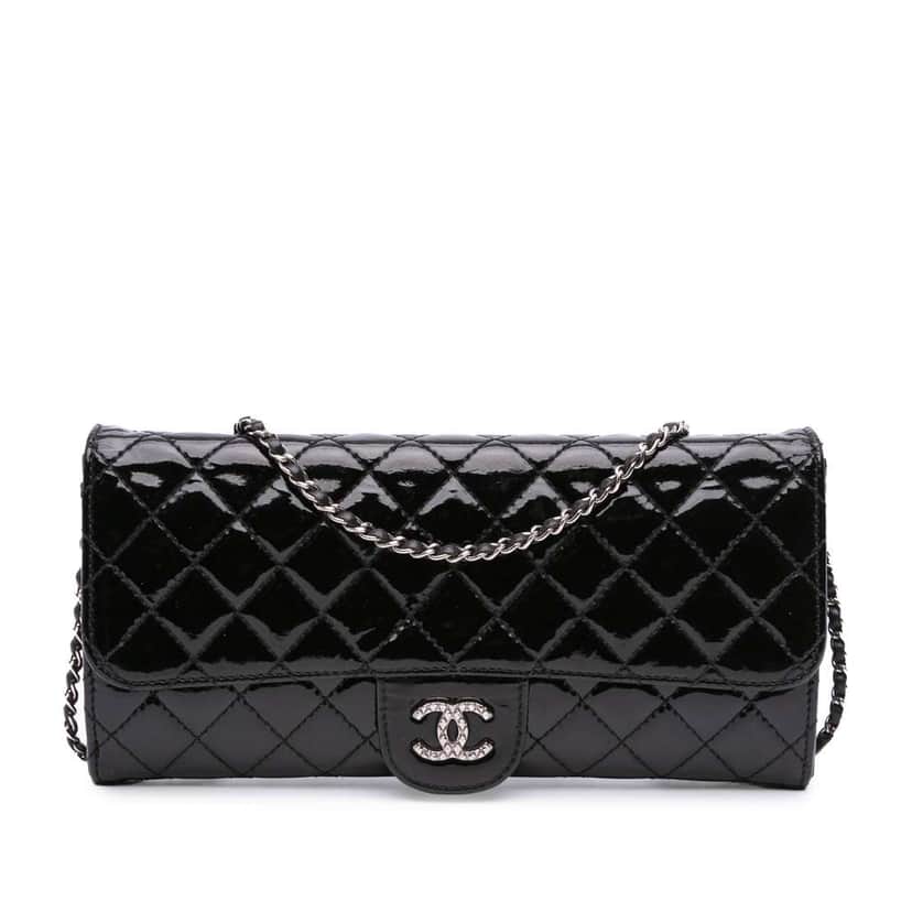 Chanel CC Quilted Patent Brilliant East West Wallet On Chain Black Leather Very good condition - Front View