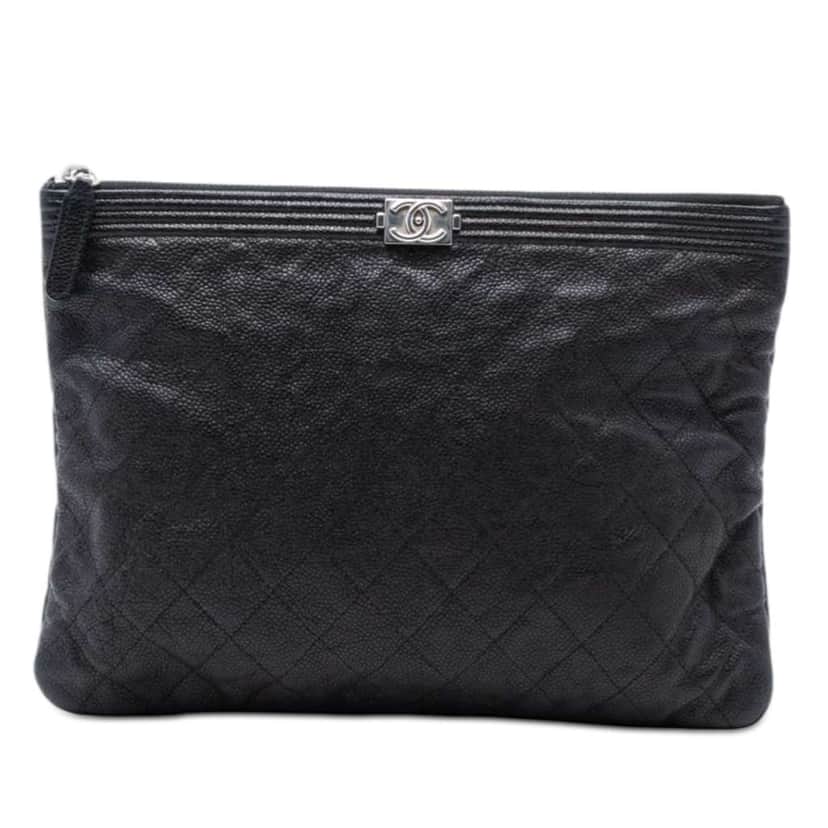 Chanel Medium Quilted Caviar Boy O Case Clutch Black Leather Very good condition - Front View