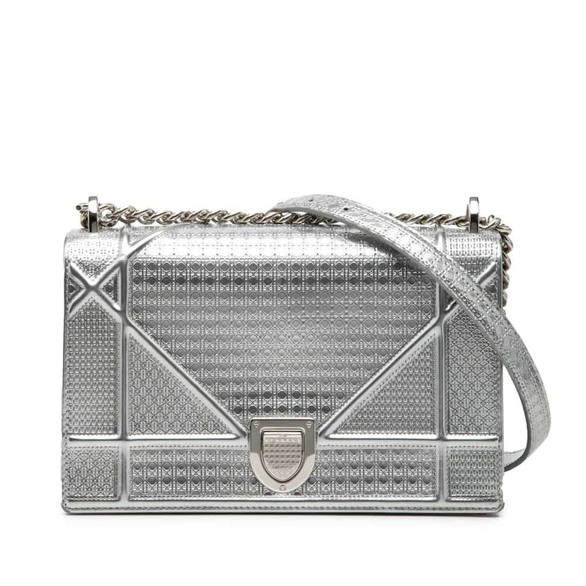 Dior Medium Metallic Patent Microcannage Diorama Flap Silver Leather Fair condition - Front View