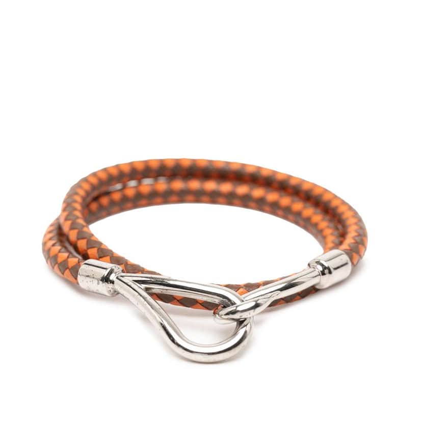 Hermès Palladium Plated and Woven Leather Jumbo Hook Double Tour Bracelet Brown Leather Good condition - Front View