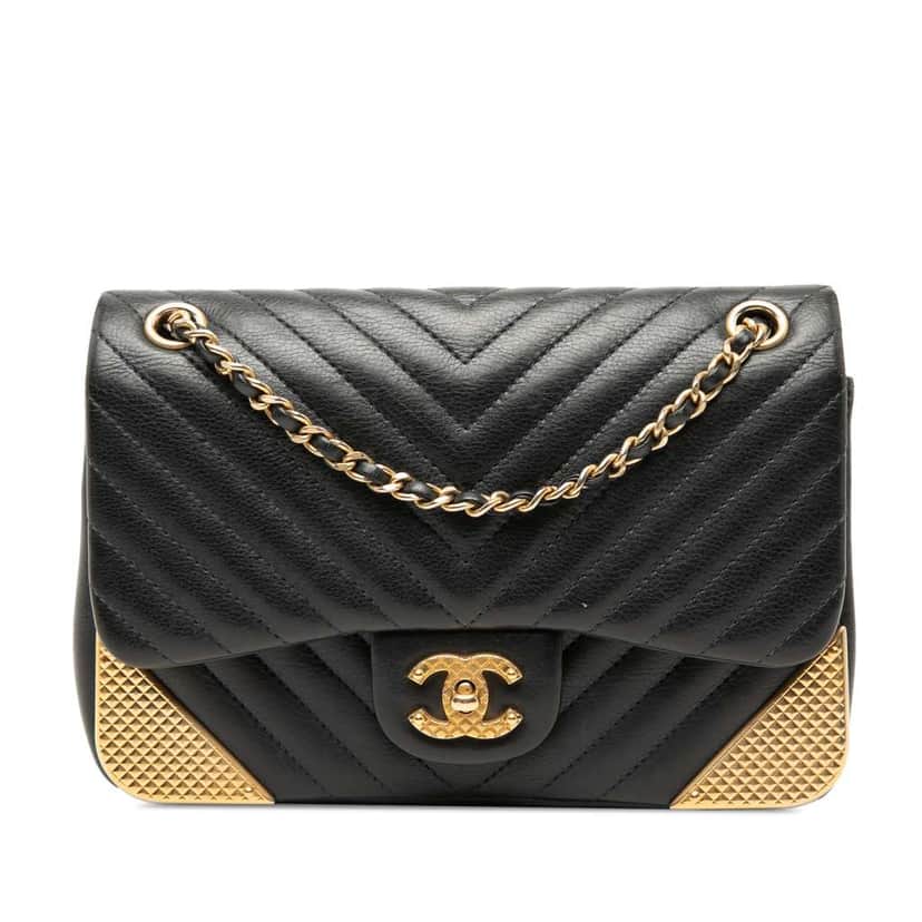Chanel Mini Chevron Calfskin Rock The Corner Flap Black Leather Good condition - Front View