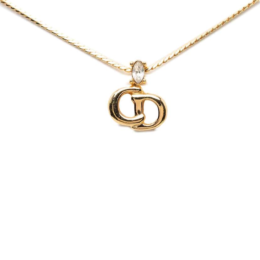 Dior Gold Plated Crystal CD Logo Pendant Necklace Gold Metal Good condition - Front View