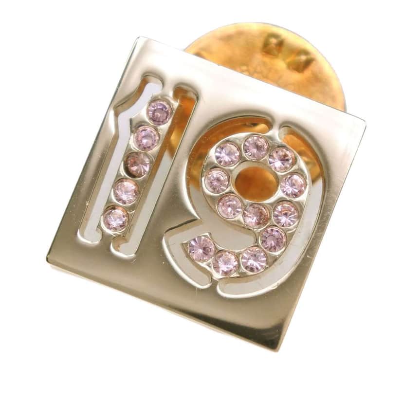 Chanel Gold Plated Rhinestone No 19 Pin Badge Brooch Gold Metal Good condition - Front View