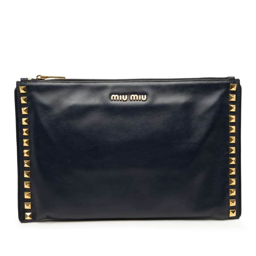 Miu Miu Studded Leather Zip Clutch Blue Leather Good condition - Front View