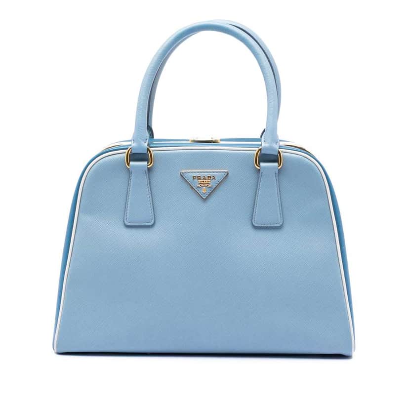 Prada Bicolor Saffiano Lux Pyramid Frame Top Handle Bag Blue Leather Good condition - Front View