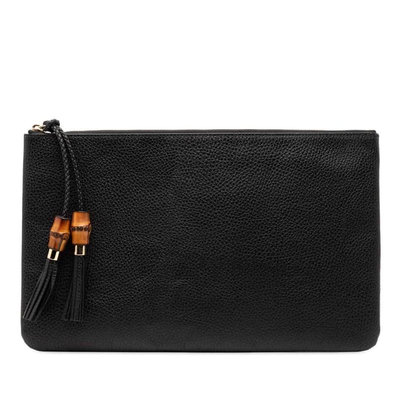 Gucci Calfskin Bamboo Tassel Clutch Black Leather Good condition - Front View
