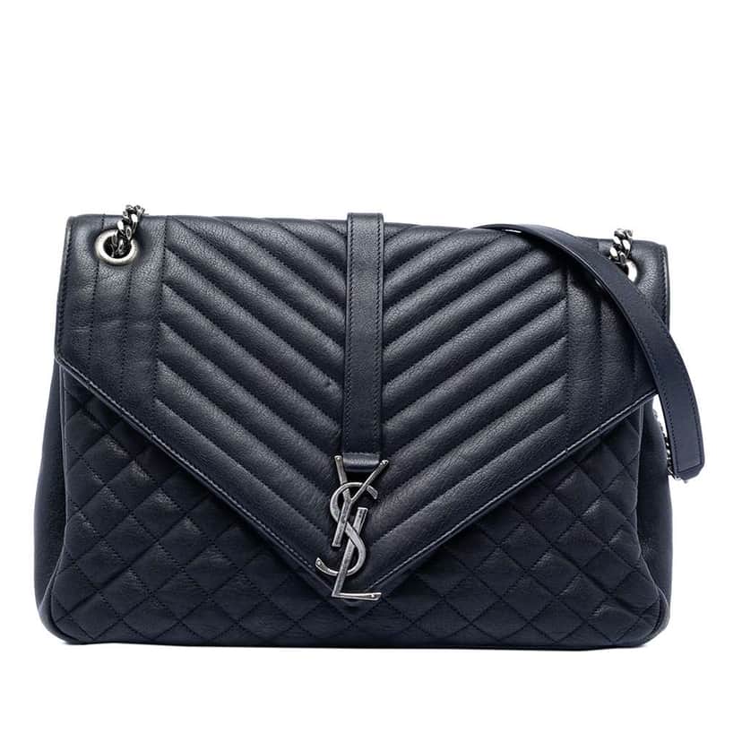 Saint Laurent Large Triquilt Sheepskin Monogram College Bag Blue Leather Good condition - Front View