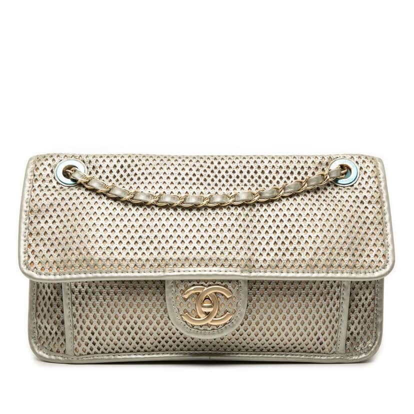 Chanel Medium Perforated Calfskin Up In The Air Flap Silver Leather Good condition - Front View