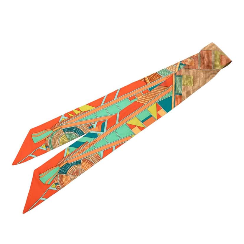 Hermès L Art Indien Des Plaines Silk Twilly Scarf Orange Silk Good condition - Front View