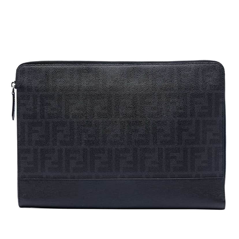 Fendi Leather Trimmed Zucca Coated Canvas Clutch Black Canvas Good condition - Front View