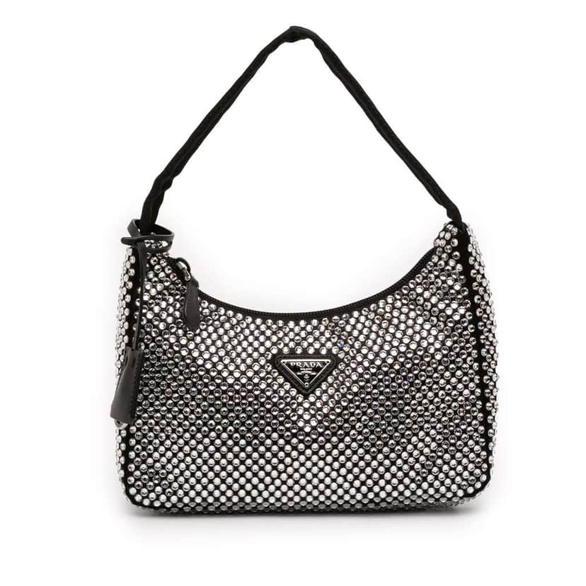 Prada Mini Satin Crystal Re Edition 2000 Shoulder Bag Black Satin Very good condition - Front View