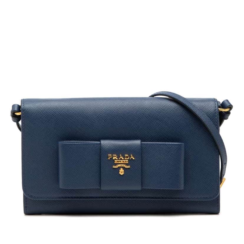 Prada Saffiano Lux Bow Wallet On Strap Blue Leather Very good condition - Front View