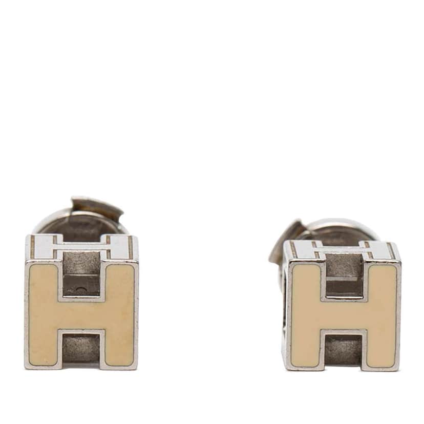 Hermès Palladium Plated Enamel Cage dH Cube Push Back Earrings Beige Metal Very good condition - Front View