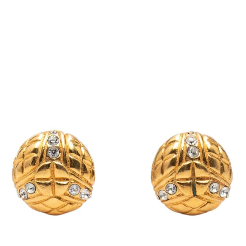 Chanel Gold Plated Rhinestone Quilted Round Clip On Earrings Gold Metal Very good condition - Front View