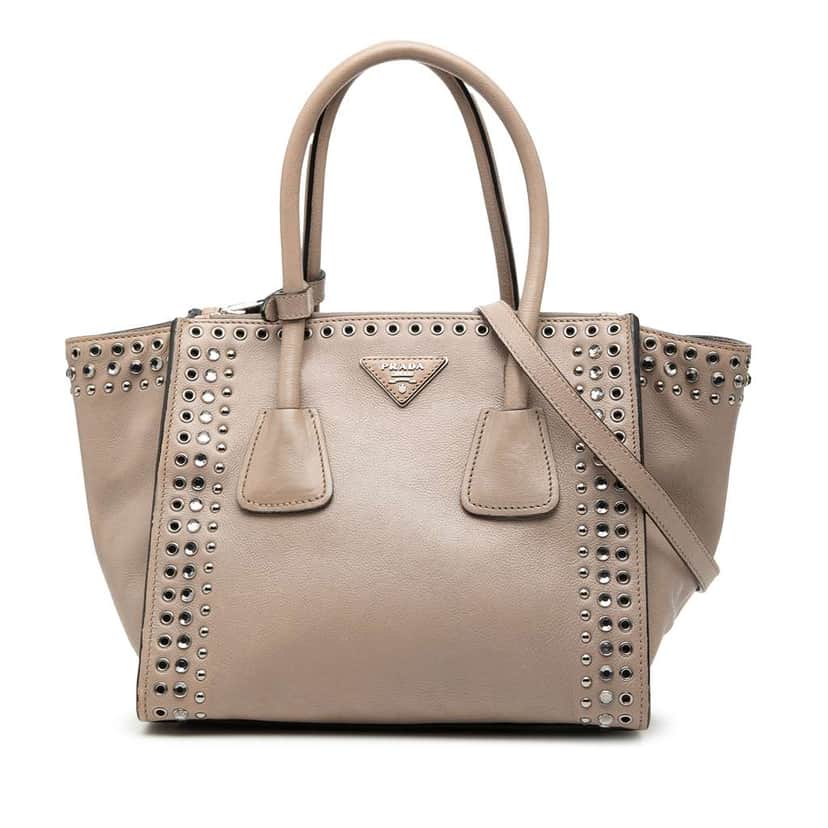 Prada Glace Calf Studded Twin Pocket Satchel Beige Leather Very good condition - Front View