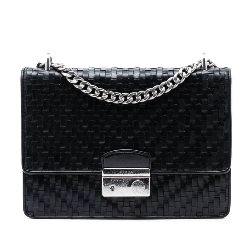Prada Woven Madras Leather Chain Flap Bag Black Leather Good condition - Front View