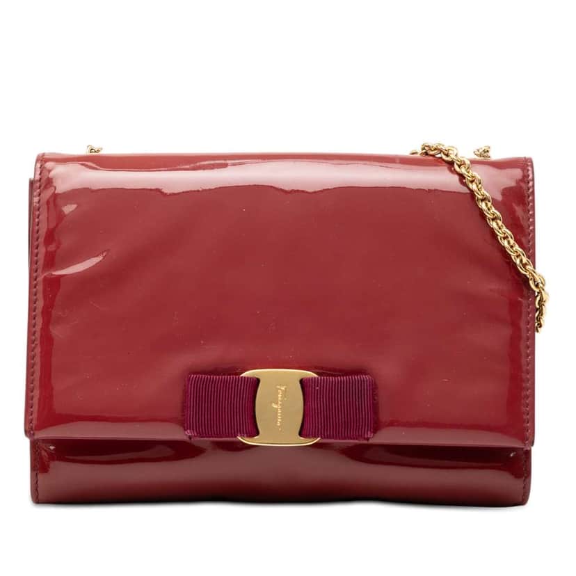 Salvatore Ferragamo Patent Vara Bow Chain Crossbody Red Leather Good condition - Front View
