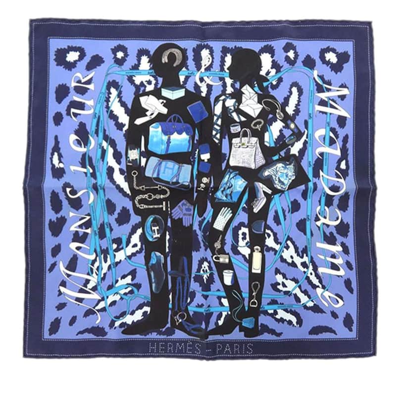 Hermès Monsieur Et Madame Silk Scarf Blue Silk Good condition - Front View