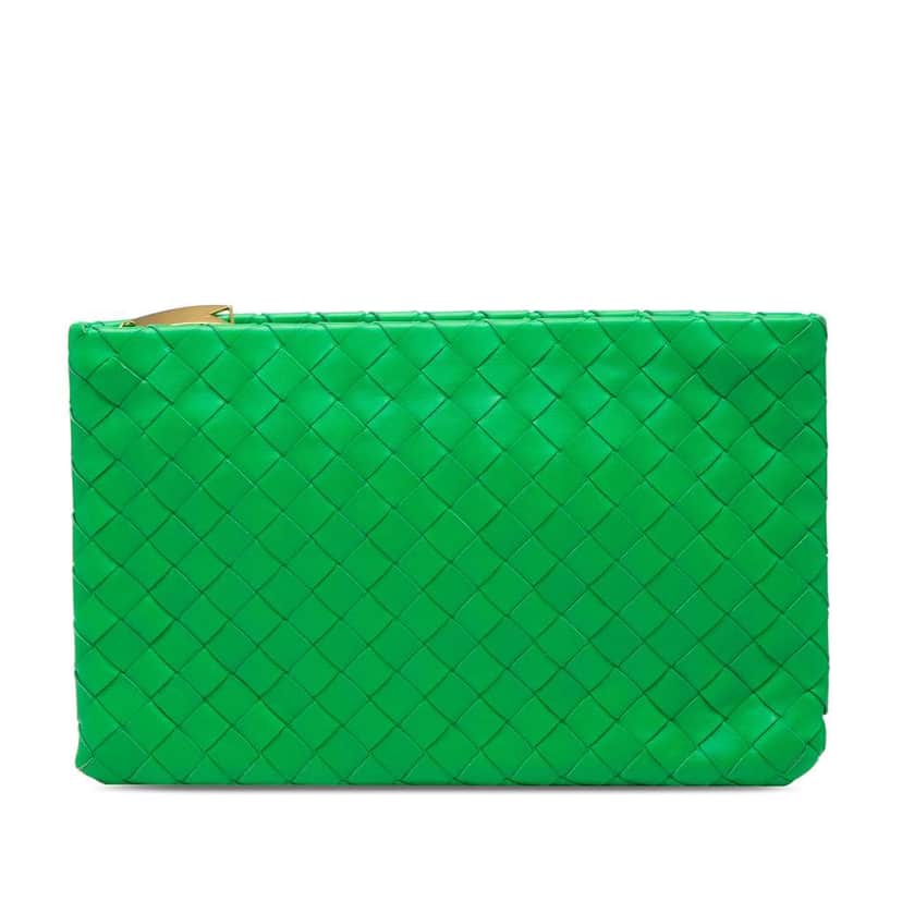 Bottega Veneta Medium Nappa Intrecciato Flat Pouch Green Leather Good condition - Front View
