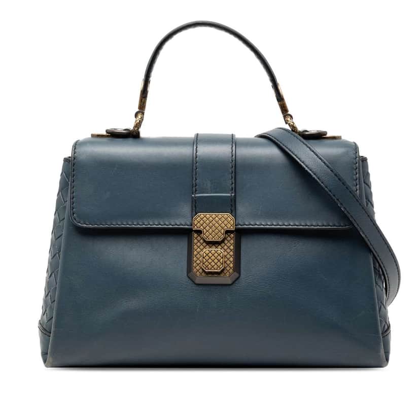 Bottega Veneta Small Intrecciato Trimmed Nappa Piazza Top Handle Satchel Blue Leather Good condition - Front View