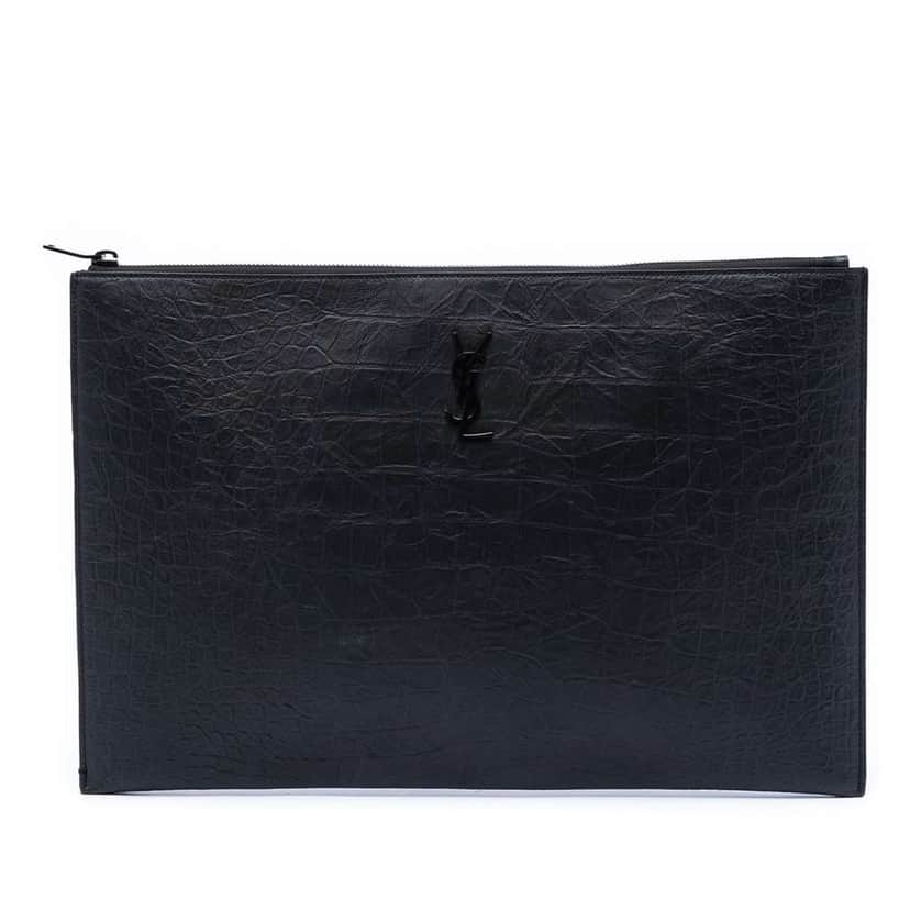 Saint Laurent Croc Embossed Leather Monogram Clutch Black Leather Very good condition - Front View