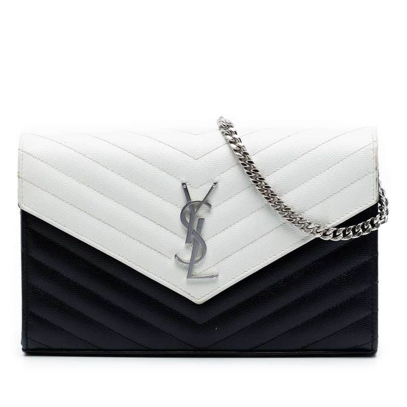 Saint Laurent Bicolor Grain De Poudre Chevron Monogram Envelope Chain Wallet Black Leather Good condition - Front View