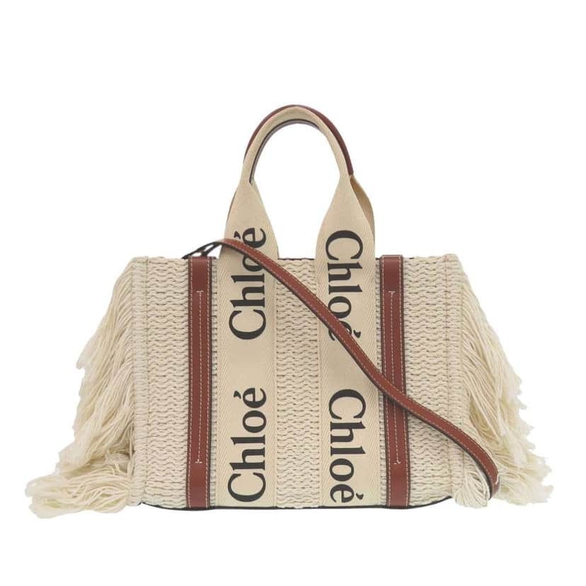 Chloé Small Linen Woody Fringe Tote Brown Very good condition - Front View
