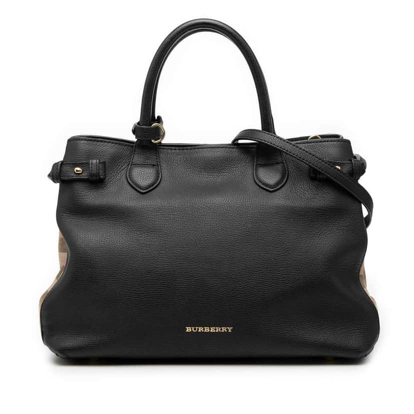 Burberry Medium Leather and House Check Banner Satchel Black Leather Very good condition - Front View