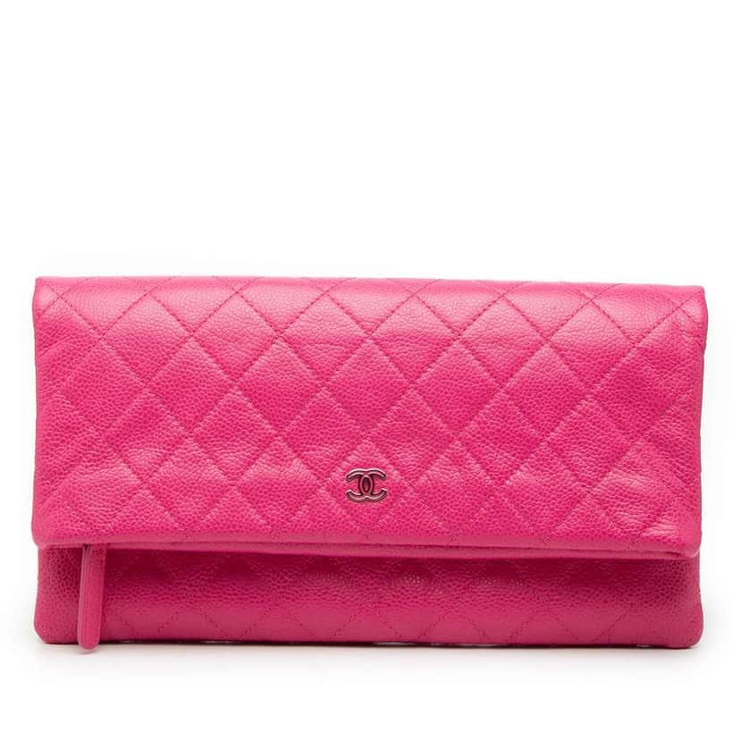 Chanel Quilted Caviar CC Beauty Foldover Clutch Pink Leather Very good condition - Front View