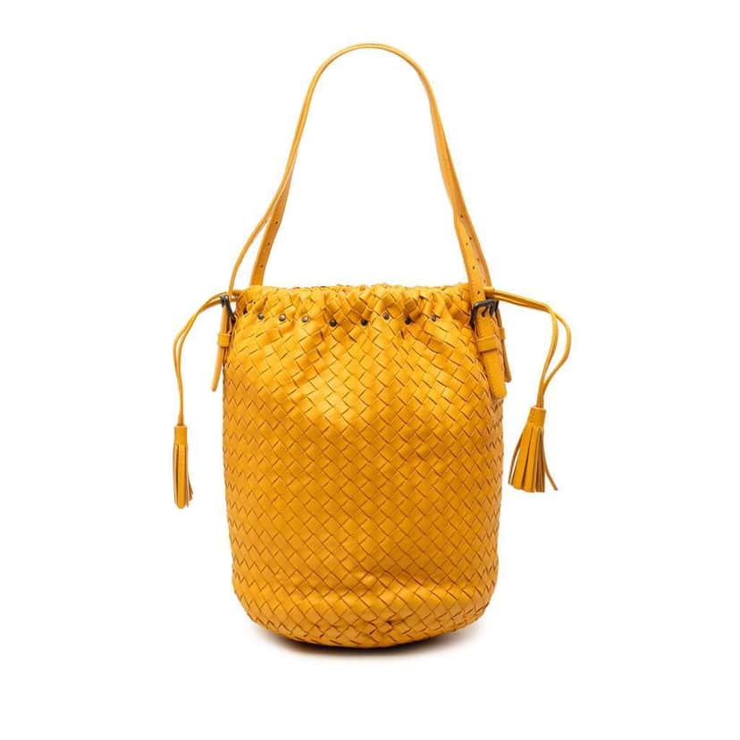 Bottega Veneta Nappa Intrecciato Drawstring Bucket Bag Orange Leather Very good condition - Front View