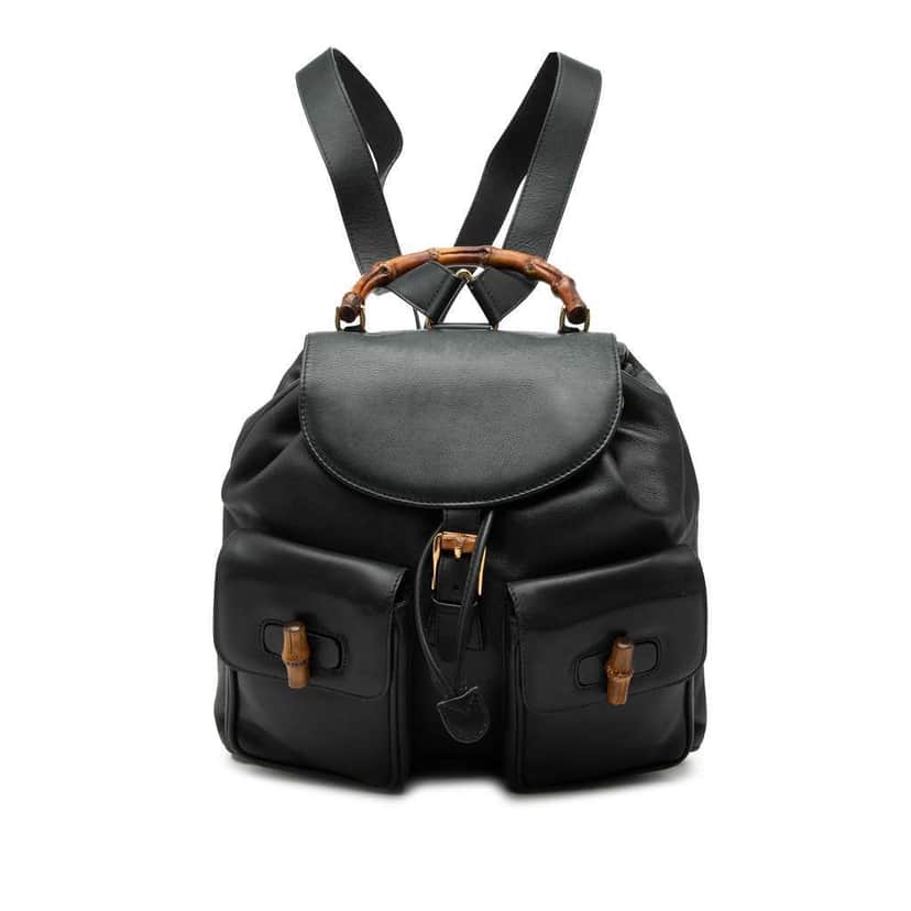 Gucci Calfskin Bamboo Drawstring Backpack Black Leather Very good condition - Front View