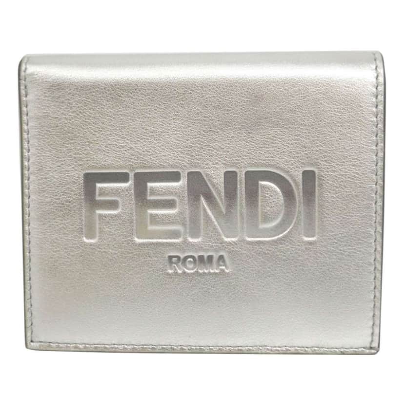 Fendi Metallic Leather Logo Bifold Compact Wallet Silver Leather Very good condition - Front View
