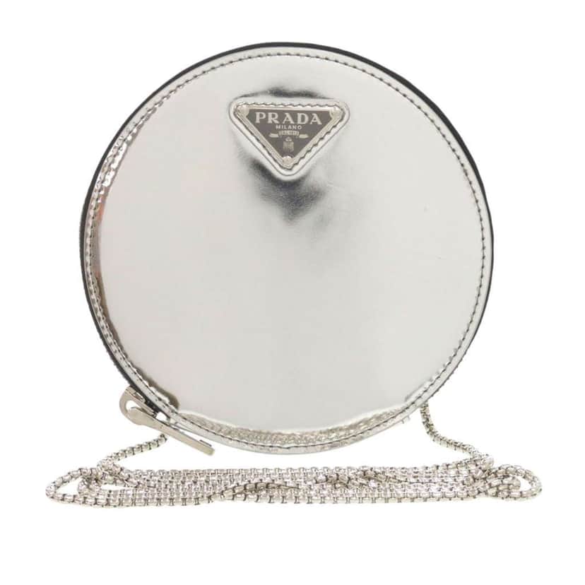 Prada Spazzolato Round Chain Coin Crossbody Silver Leather Very good condition - Front View