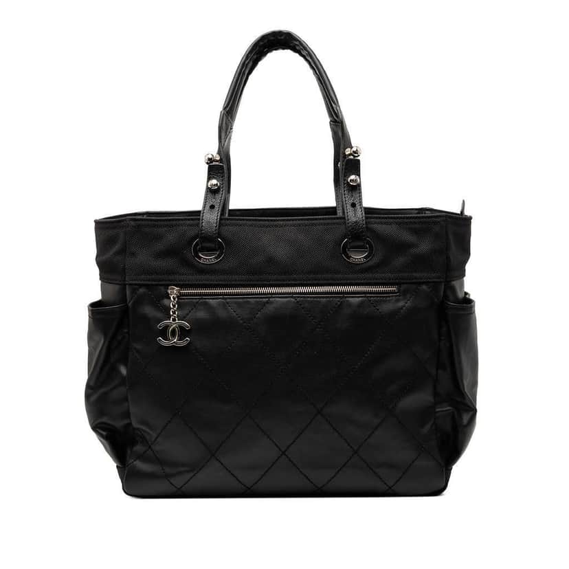 Chanel Large Quilted Coated Canvas Paris Biarritz Tote Black Canvas Good condition - Front View