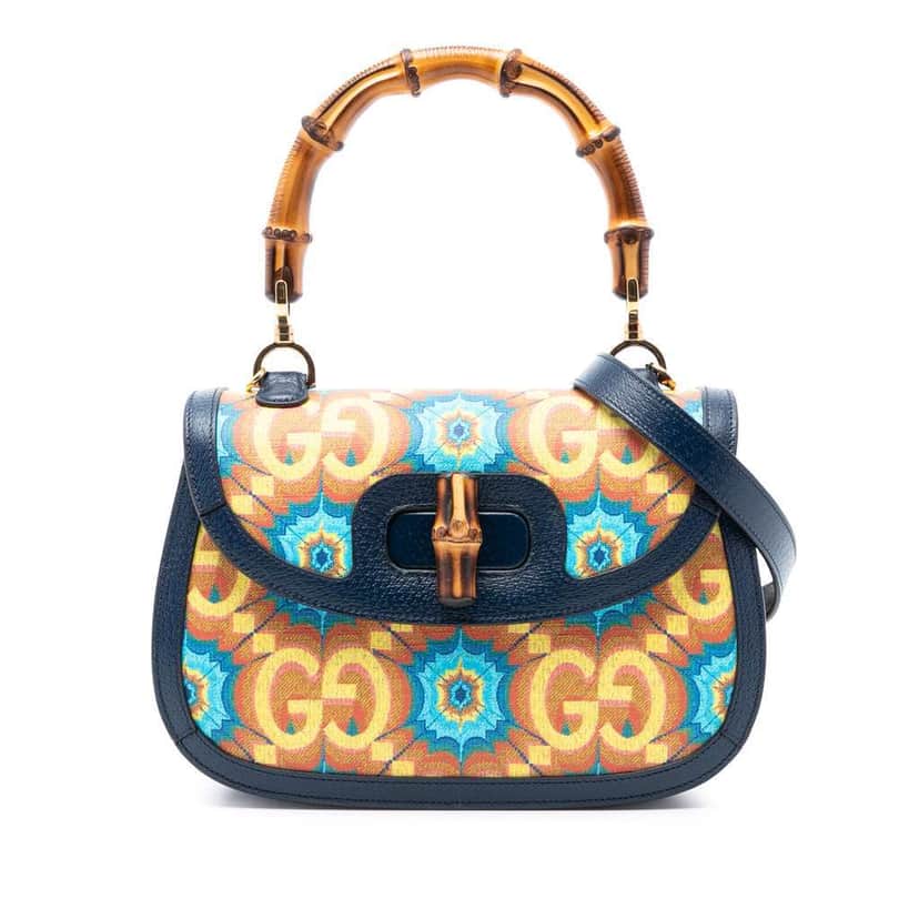 Gucci 100th Anniversary Medium GG Coated Canvas Kaleidoscope 1947 Bamboo Top Handle Bag Blue Canvas Very good condition - Front View
