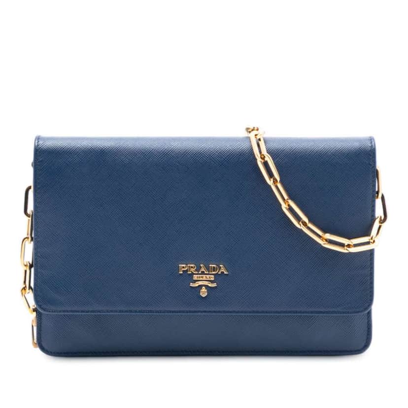 Prada Saffiano Wallet On Chain Blue Leather Very good condition - Front View