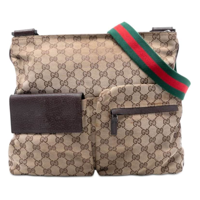 Gucci GG Canvas Web Double Pocket Crossbody Beige Very good condition - Front View