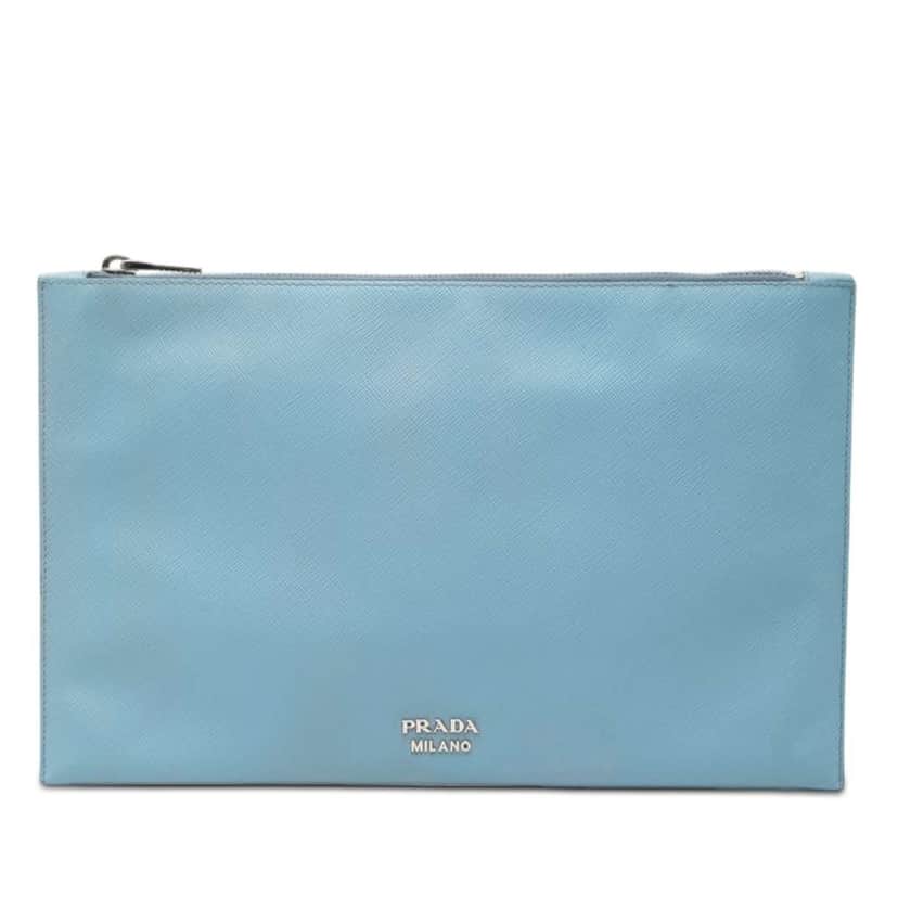 Prada Saffiano Clutch Blue Leather Good condition - Front View