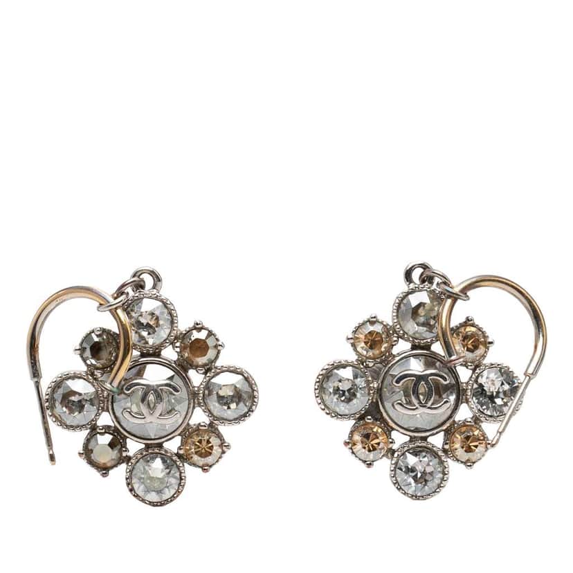 Chanel CC Silver Plated Crystal Rhinestones Dangle Push Back Earrings Silver Metal Good condition - Front View