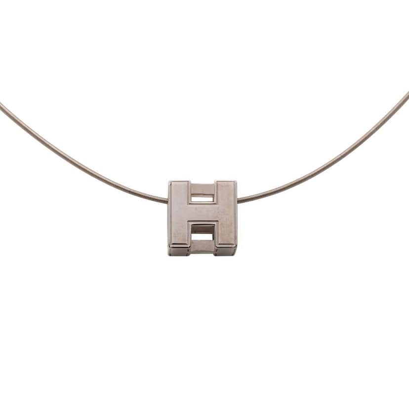 Hermès Palladium Plated Enamel Cage dH Cube Necklace Silver Metal Good condition - Front View