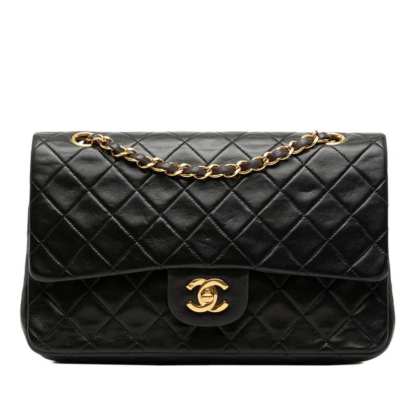 Chanel Medium Classic Lambskin Double Flap Black Leather Good condition - Front View