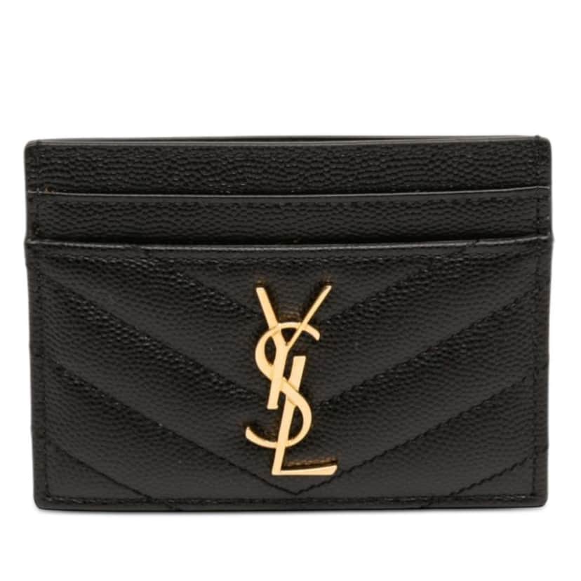 Saint Laurent Grain de Poudre Matelasse Chevron Cassandre Card Holder Black Leather Good condition - Front View