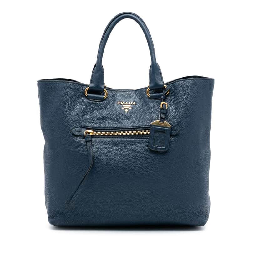 Prada Vitello Daino Open Convertible Tote Blue Leather Good condition - Front View
